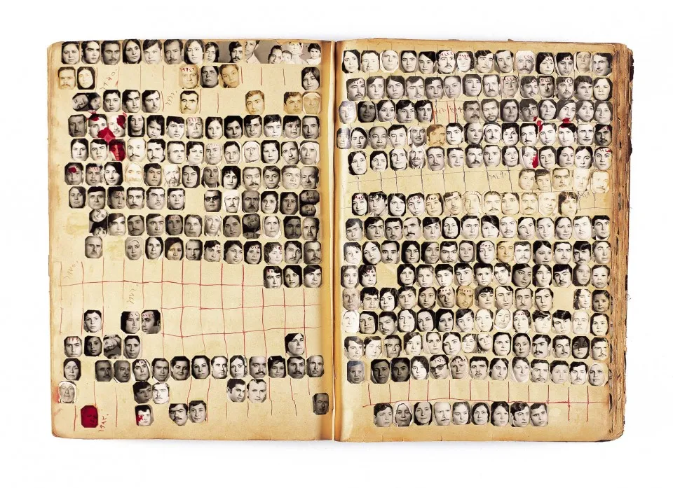 Open ledger book from Akram Zaatari's Mapping Sitting: pages gridded with hundreds of small identity-portrait headshots