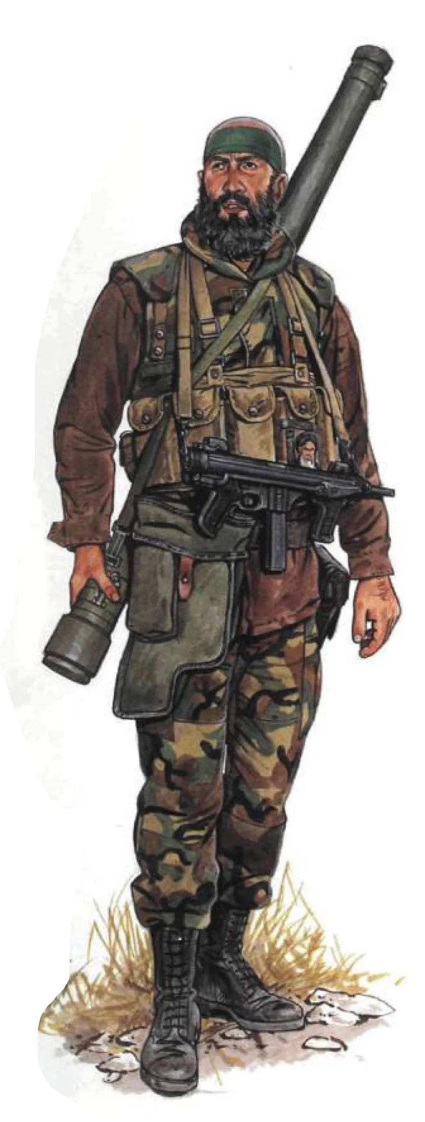 Colour plate of a bearded fighter in a green headband and camouflage trousers, carrying a rocket launcher and a submachine gun.